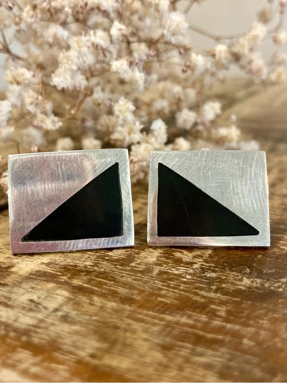 Vintage Taxco Modernist Sterling Silver Cufflinks – TD‑53 – Black Inlay – 24g